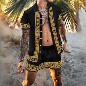 Men's Black & Gold Euro Print Collared Neck Short Sleeve Top & Shorts Outfit